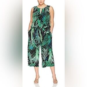 London Times Green and Black Palm Leaf Jumpsuit
